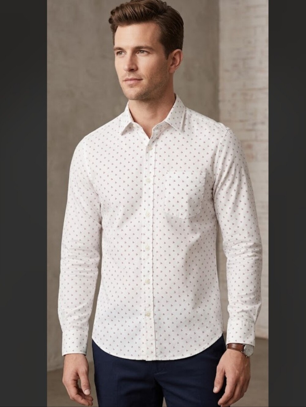 Uniqlo Mens White Long Sleeve Cotton Button Up Shirt Subtle Triangular Print